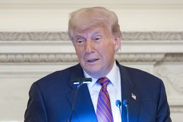 President Donald Trump speaks during a dinner for Republican senators in the State Dining Room of the White House, Friday, July 18, 2025, in Washington. (AP Photo/Alex Brandon)