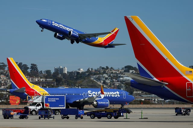 SAN DIEGO, CALIFORNIA - MARCH 4: A Southwest Airlines Boeing 737 MAX8 departs from San Diego International Airport to Chicago on March 4, 2025 in San Diego, California.  (Photo by Kevin Carter/Getty Images)