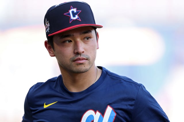 ATLANTA, GEORGIA - JULY 14: Steven Kwan #38 of the Cleveland Guardians looks on during All-Star Workout Day at Truist Park on July 14, 2025 in Atlanta, Georgia.