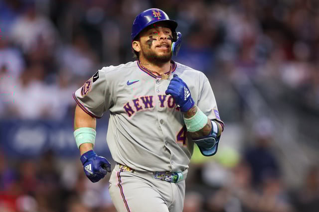 Jun 17, 2025; Atlanta, Georgia, USA; New York Mets catcher Francisco Alvarez (4) walks against the Atlanta Braves in the second inning at Truist Park. Mandatory Credit: Brett Davis-Imagn Images/File Photo
