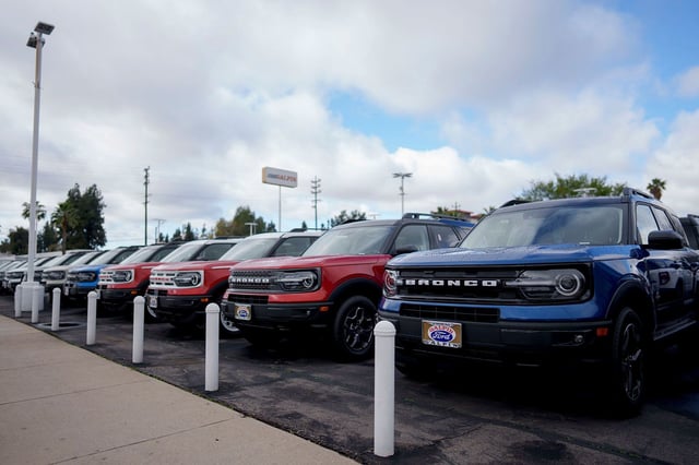 Ford Bronco Sport vehicles at a Ford dealership in Los Angeles.