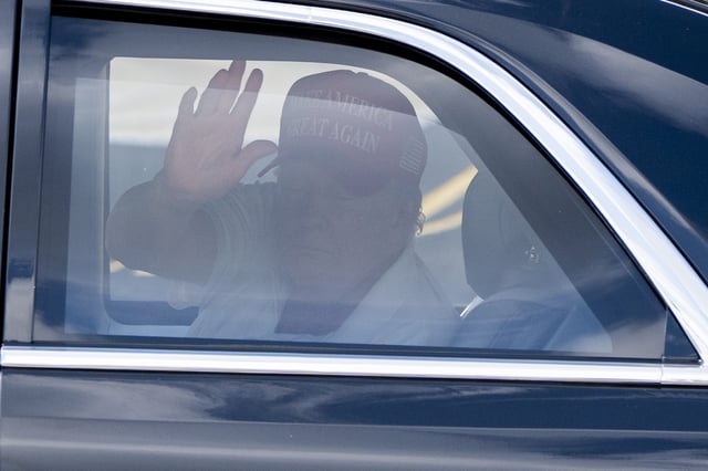 FILE - President Donald Trump waves as he departs in his motorcade from the Trump International Golf Club, March 1, 2025, in West Palm Beach, Fla. (AP Photo/Alex Brandon, File)