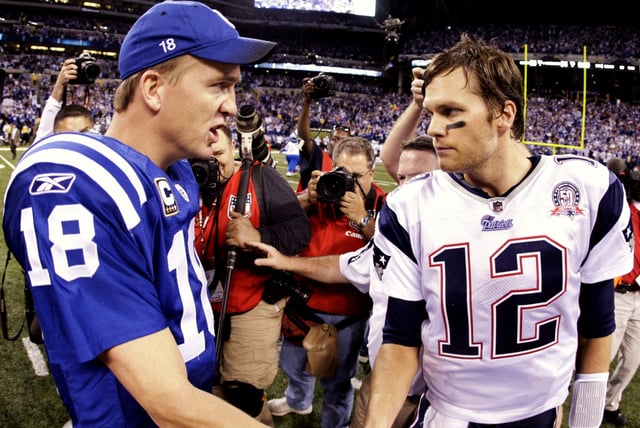 Quarterback Peyton Manning #18 of the Indianapolis Colts greets Tom Brady #12 of the New England Patriots after the game at Lucas Oil Stadium on November 15, 2009 in Indianapolis, Indiana.