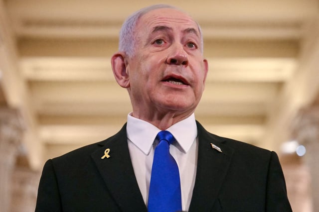 Israeli Prime Minister Benjamin Netanyahu speaks to the press after meeting with US Speaker of the House Mike Johnson at the US Capitol in Washington, DC, on July 8.