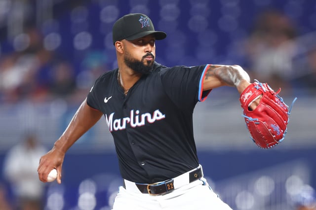MIAMI, FLORIDA - JULY 18: Sandy Alcantara #22 of the Miami Marlins pitches against the Kansas City Royals d1i at loanDepot park on July 18, 2025 in Miami, Florida.