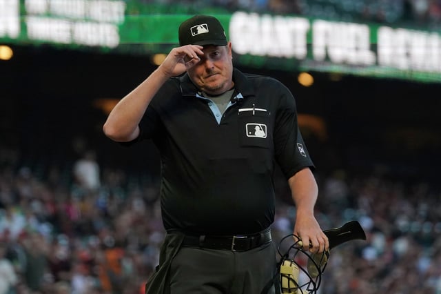 Umpire Chad Whitson, seen during a game at Oracle Park in 2023, didn’t make any fans in the Giants dugout with his calls in Sunday’s game.