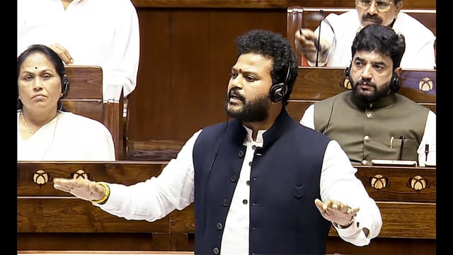 Union civil aviation minister Ram Mohan Naidu speaks in Rajya Sabha during the monsoon session of Parliament on Monday. (Sansad TV)