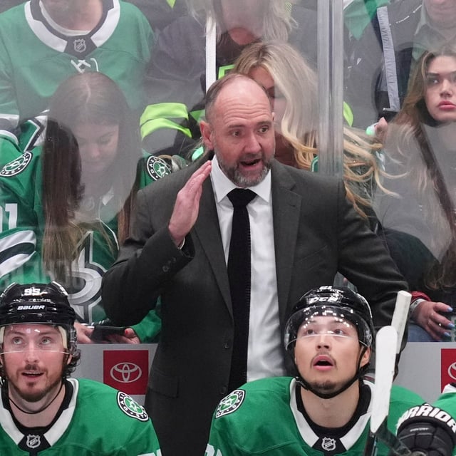 Dallas Stars head coach Peter DeBoer looks on from the bench during the third period in Game 1 of the Western Conference finals in the NHL hockey Stanley Cup playoffs against the Edmonton Oilers, Wednesday, May 21, 2025, in Dallas. (AP Photo/LM Otero)