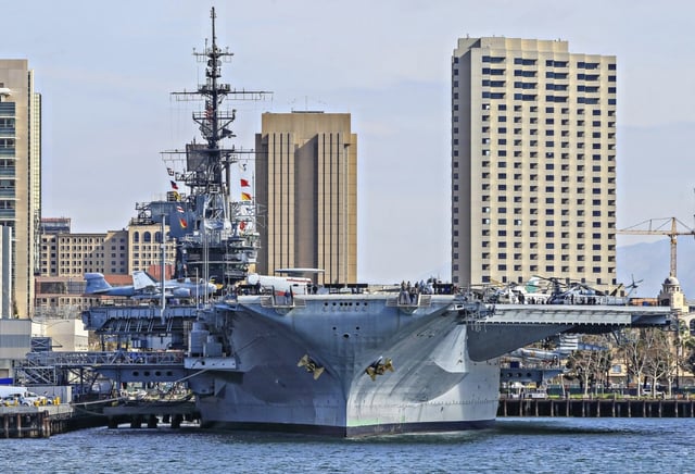 SAN DIEGO, CA Jan. 25th, 2018 | The USS Midway Museum and skyline seen from aboard the Marietta after returning  from a whale watching tour presented by Birch Aquarium and Flagship Cruises on Thursday in San Diego, California.  | (Eduardo Contreras / San Diego Union-Tribune)