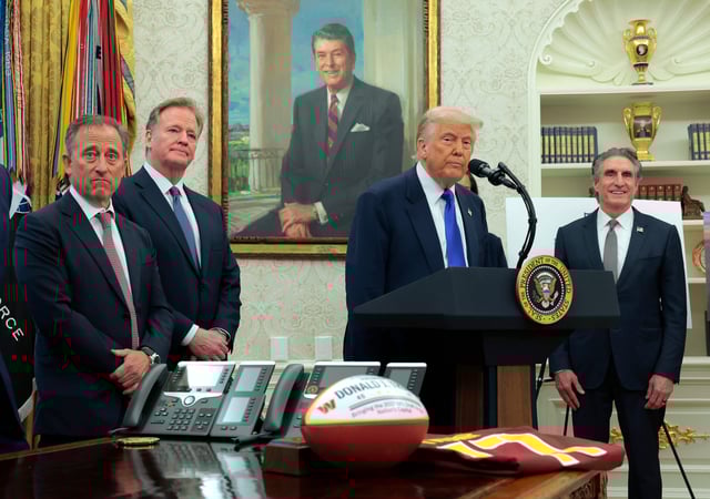 WASHINGTON, DC - MAY 05: U.S. President Donald Trump delivers remarks on the NFL Draft in the Oval Office of the White House on May 05, 2025 in Washington, DC. Joined by, (L-R) Washington Commanders owner Josh Harris, NFL Commissioner Roger Goodell and Interior Secretary Doug Burgum, Trump announced that the 2027 NFL Draft will be held on the National Mall. (Photo by Anna Moneymaker/Getty Images)