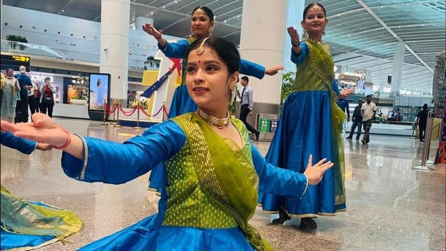 A Classical Indian dance performance at Terminal 1 of Indira Gandhi International Airport on Monday. (HT Photo)