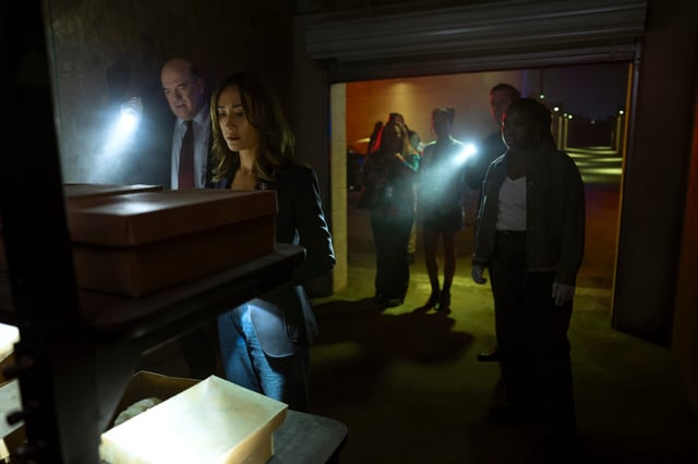 Thomas Laffont (John Carroll Lynch), Renée Ballard (Maggie Q) and Samira Parker (Courtney Taylor) seen at an abandoned storage unit in "Ballard" Season 1.