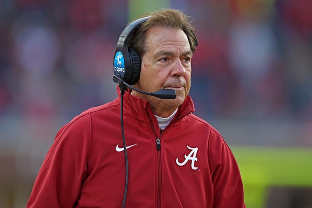 Head coach Nick Saban of the Alabama Crimson Tide during the game against the Mississippi Rebels at Vaught-Hemingway Stadium on November 12, 2022 in Oxford, Mississippi.