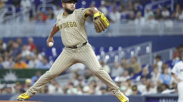 Jul 21, 2025; Miami, Florida, USA;  San Diego Padres starting pitcher Randy Vasquez (98) pitches against the Miami Marlins during thr first inning at loanDepot Park. Mandatory Credit: Rhona Wise-Imagn Images