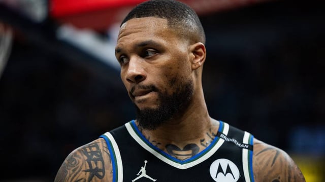Apr 22, 2025; Indianapolis, Indiana, USA; Milwaukee Bucks guard Damian Lillard (0) during game two of first round for the 2024 NBA Playoffs against the Indiana Pacers at Gainbridge Fieldhouse. Trevor Ruszkowski-Imagn
