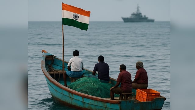 Sri Lankan Navy arrests four Rameswaram fishermen and seizes boat near Thalaimannar for crossing maritime border. (AI generated image)