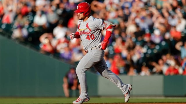 Cardinals first baseman Willson Contreras rounds the bases after hitting a solo home run during Monday’s 6-2 victory over the Rockies. The loss dropped Colorado to 24-76, becoming the first team since the 1916 Philadelphia Athletics to lose more than 75 of their first 100 games.