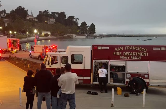 Rescue divers with the San Francisco Fire Department searched for a male reported in distress in the waters of Aquatic Park on Monday, July 21, 2025, in San Francisco, Calif. After 30 minutes the person was located but could not be revived. (San Francisco Fire Department via Bay City News)