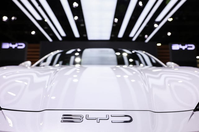 The BYD logos are displayed at the 45th Bangkok International Motor Show in Bangkok, Thailand, March 25, 2024. REUTERS/Chalinee Thirasupa/ File Photo