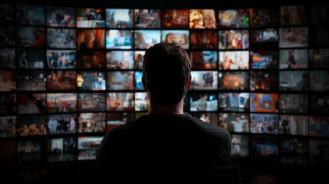 Mann vor vielen Fernsehern Symbolbild