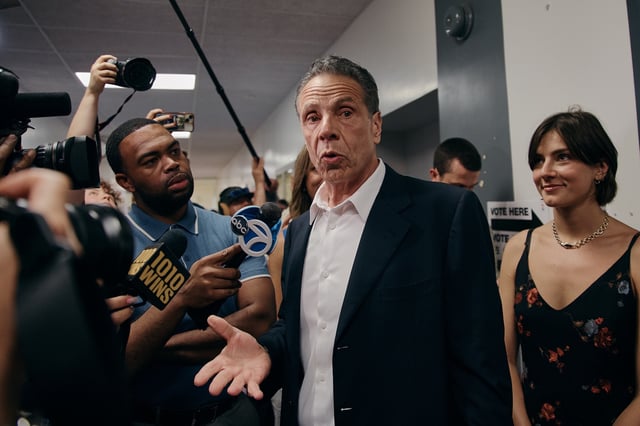 NEW YORK, NEW YORK - JUNE 24: New York mayoral candidate, Andrew Cuomo, speaks to the media as he arrives to vote in the Democratic primary at the High School of Art and Design on June 24, 2025 in New York City.