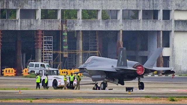 An F-35B fighter jet comes out of the hangar after repair work at Thiruvananthapuram Airport, in Thiruvananthapuram, Monday, July 21, 2025. (Photo: IANS)