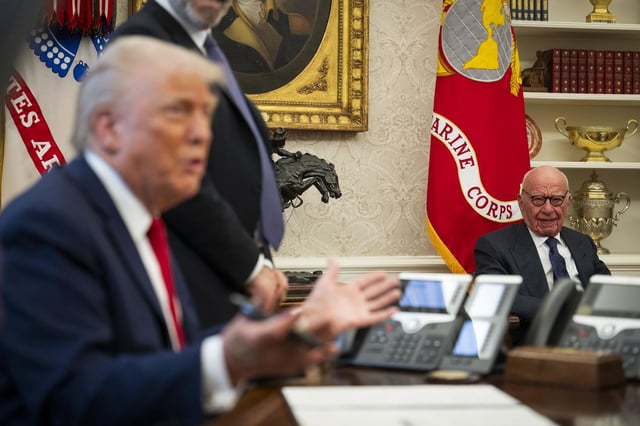 Media mogul Rupert Murdoch looks on as President Donald Trump speaks in the Oval Office on Feb. 3, 2025. 