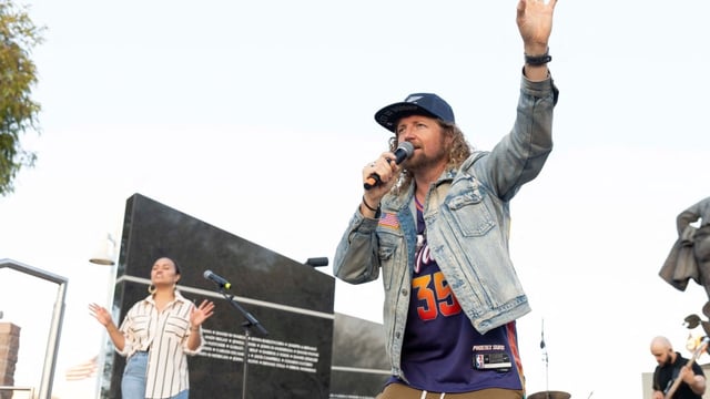 Sean Feucht, who is scheduled to perform at a Parks Canada national historic site outside Halifax on Wednesday, preaches during a prayer rally in Phoenix, Ariz., Oct. 19, 2024. 