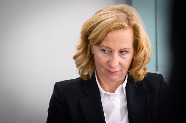 15 January 2025, Berlin: Patricia Schlesinger, former director-general of RBB, sits at the Berlin district court hearing a lawsuit brought by former director-general Schlesinger, who was dismissed without notice, against the public broadcaster RBB. According to the court, Schlesinger is demanding a pension of around 18,300 euros. As part of a so-called counterclaim, RBB is demanding, among other things, the payment of damages. The broadcaster also wants the court to declare that the former director is not entitled to a pension. Photo: Bernd von Jutrczenka/dpa (Photo by Bernd von Jutrczenka/picture alliance via Getty Images)