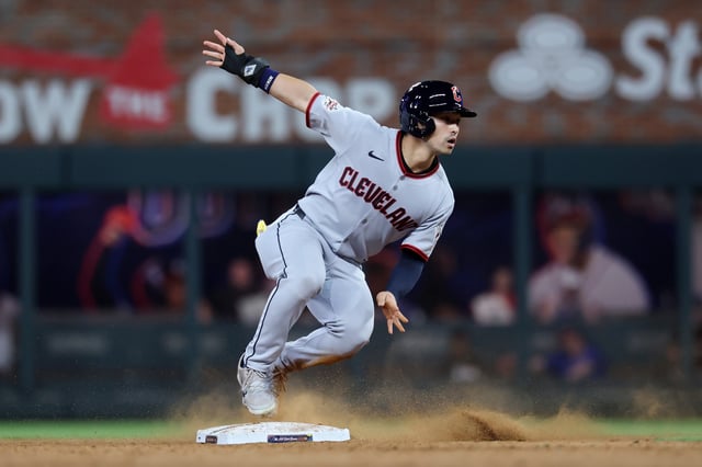 ATLANTA, GEORGIA - JULY 15: Steven Kwan #38 of the Cleveland Guardians steals second base during the ninth inning of the MLB All-Star Game at Truist Park on July 15, 2025 in Atlanta, Georgia.