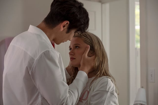 Steven (Sean Kaufman) and Taylor (Rain Spencer) in Taylor's dorm room.