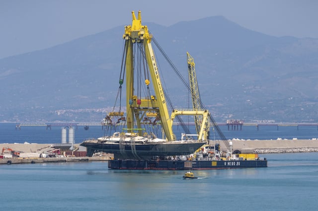 The hull of the superyacht Bayesian, which sank near Palermo, Sicily, on August 19, 2024, is taken to the shipyard in Termini Imerese, Sunday, June 22, 2025. (AP Photo/Salvatore Cavalli)