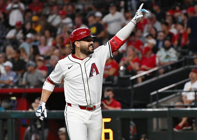 PHOENIX, ARIZONA - JULY 20: Eugenio Suarez #28 of the Arizona Diamondbacks celebrates after hitting a three run home run against the St. Louis Cardinals during the first inning at Chase Field on July 20, 2025 in Phoenix, Arizona.
