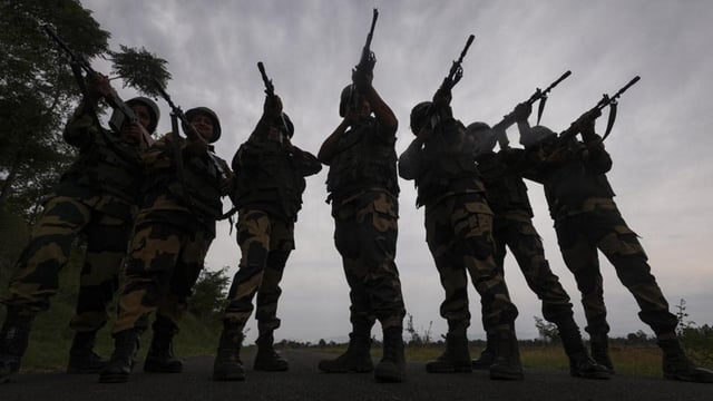 Jammu: Women personnel of the Border Security Force (BSF) keep vigil near the India-Pakistan border on June 3. (PTI)