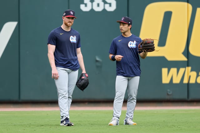 ATLANTA, GEORGIA - JULY 15: Brandon Lowe #8 of the Tampa Bay Rays and Steven Kwan #38 of the Cleveland Guardians look on prior to the MLB All-Star Game at Truist Park on July 15, 2025 in Atlanta, Georgia.