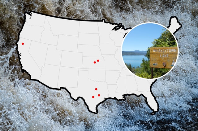 A map of the U.S. with the six dams at highest risk of overspill.