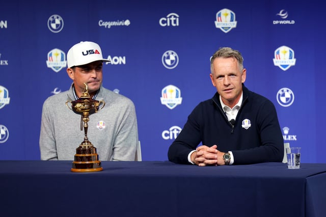 NEW YORK, NEW YORK - OCTOBER 08: Keegan Bradley of The United States and Luke Donald of England speak at a press conference during the Ryder Cup 2024 Year to Go Media Event at The Times Center on October 08, 2024 in New York, New York. (Photo by Andrew Redington/Getty Images)