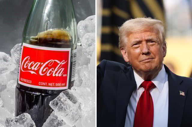 Left, a Mexican Coke beverage is displayed in an ice-cooler at a park on July 17, 2025 in Austin, Texas. Right, U.S. President Donald Trump gestures following the FIFA Club World Cup 2025 Final match between Chelsea FC and Paris Saint-Germain at MetLife Stadium on July 13, 2025 in East Rutherford, New Jersey.