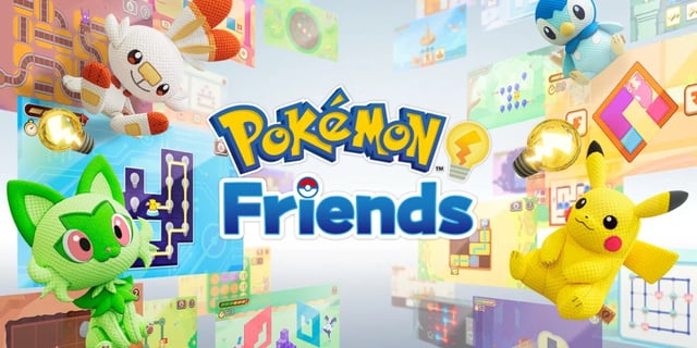 The Pokemon Friends logo surrounded by crocheted versions of Pikachu, Sprigatito, Piplup, and Scorbunny.