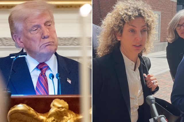 President Donald Trump (left) and Planned Parenthood League of Massachusetts President and CEO Dominique Lee (right) and attorney, Emily Nestler, respond to questions after a federal court hearing in Boston on Friday, July 18, 2025.