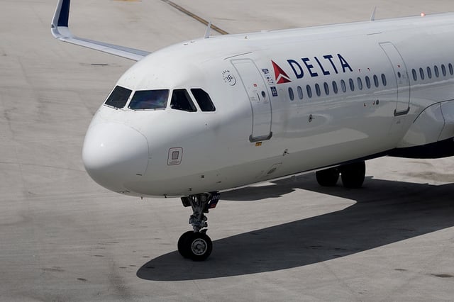 A Delta Air Lines plane at the Fort Lauderdale-Hollywood International Airport in Fort Lauderdale, Florida, on April 9, 2025.