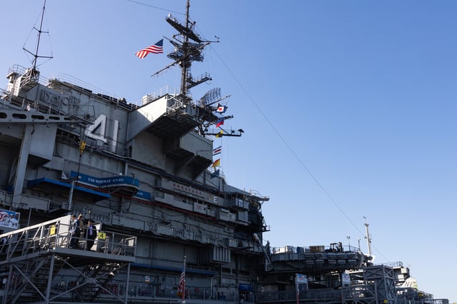 Guests on board the USS Midway 41 after the Fleet Week San Diego Military Advisory Council event at USS Midway Museum, San Diego, November 8, 2023.