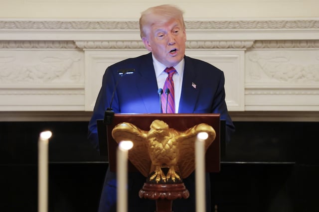 U.S. President Donald Trump delivers remarks to Republican senators during a dinner in the State Dining Room of the White House on July 18, 2025 in Washington, DC.