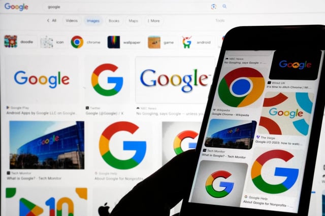 FILE – Google logos are shown when searched on Google in New York, Sept. 11, 2023. Google said Thursday, Feb. 22, 2024, it’s temporarily stopping its Gemini artificial intelligence chatbot from generating images of people a day after apologizing for “inaccuracies” in historical depictions that it was creating.(AP Photo/Richard Drew, File)