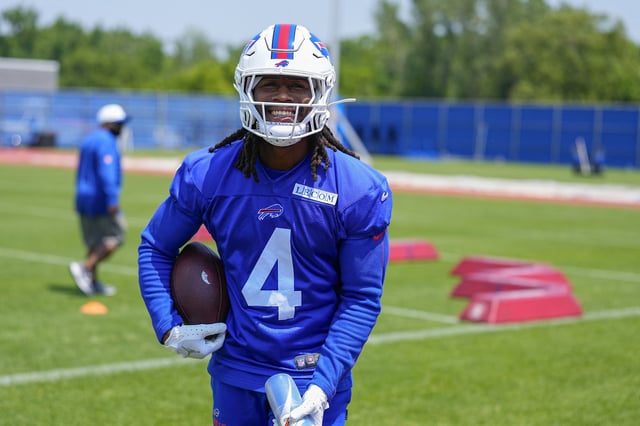 Jun 11, 2025; Orchard Park, NY, USA; Buffalo Bills running back James Cook (4) during Minicamp at Highmark Stadium. Mandatory Credit: Gregory Fisher-Imagn Images/File Photo