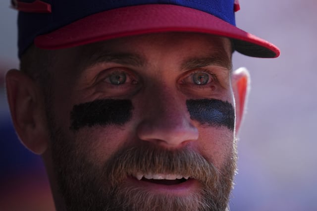 PHILADELPHIA, PENNSYLVANIA - JULY 5: Bryce Harper #3 of the Philadelphia Phillies looks on against the Cincinnati Reds at Citizens Bank Park on July 5, 2025 in Philadelphia, Pennsylvania. The Phillies defeated the Reds 5-1. (Photo by Mitchell Leff/Getty Images)