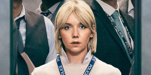 Lauren Lyle as Karen Pirie in the ITV series with her police lanyard around her neck