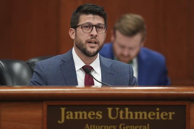 FILE - Florida Attorney General James Uthmeier speaks during a meeting between Gov. Ron DeSantis and the state cabinet at the Florida capitol in Tallahassee, Fla., Wednesday, March 5, 2025. (AP Photo/Rebecca Blackwell, file)