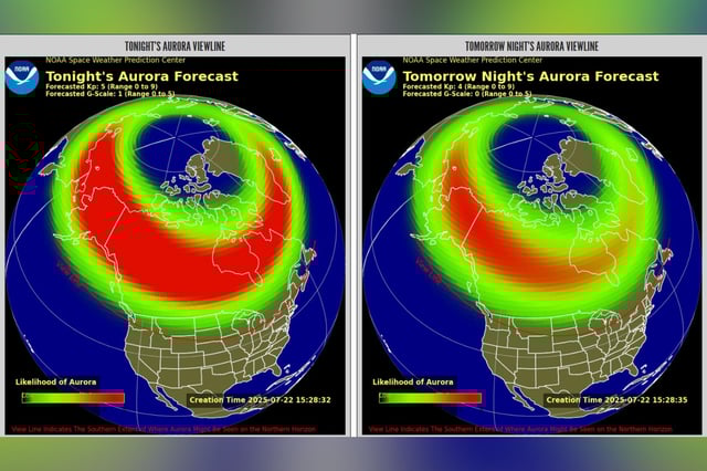 These Space Weather Prediction Center maps show the potential viewlines for the northern lights on Tuesday and Wednesday nights.
