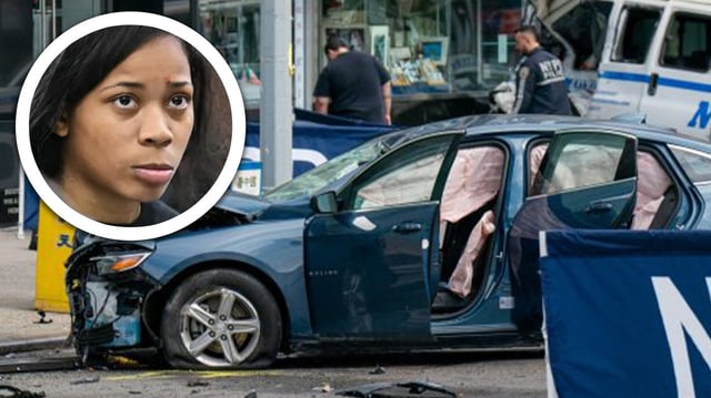 Autumn Donna Ascencio Romero and wrecked Chevy Malibu in deadly Chinatown crash.  (Inset: Curtis Means / Pool / Theodore Parisienne / New York Daily News)
